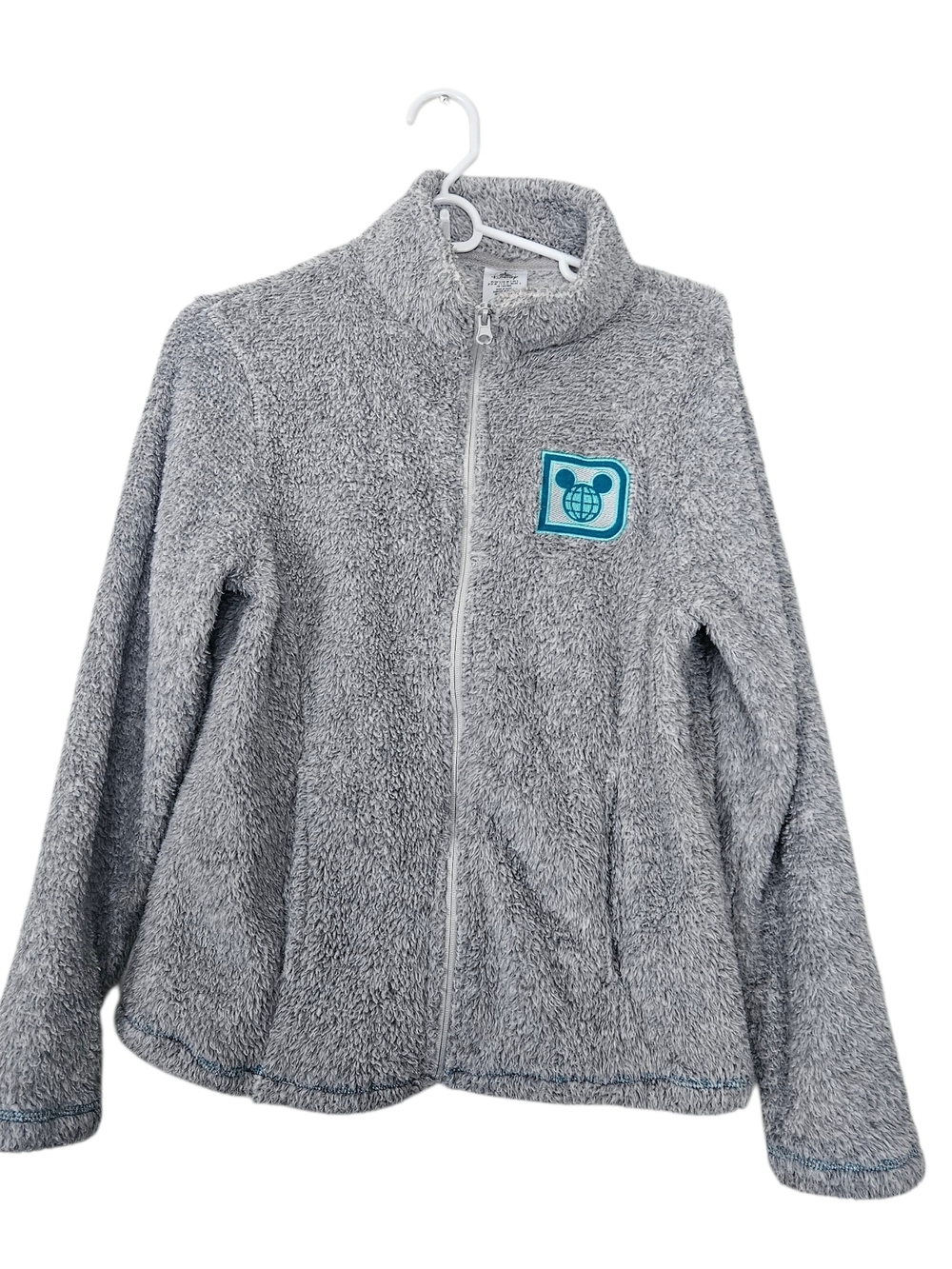 Disney Grey Plush Zip-Up Jacket with Teal Patch Size S